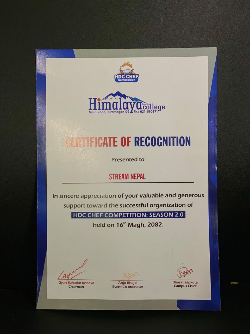 Token of love received from HDC Chef Competition Season 2.0